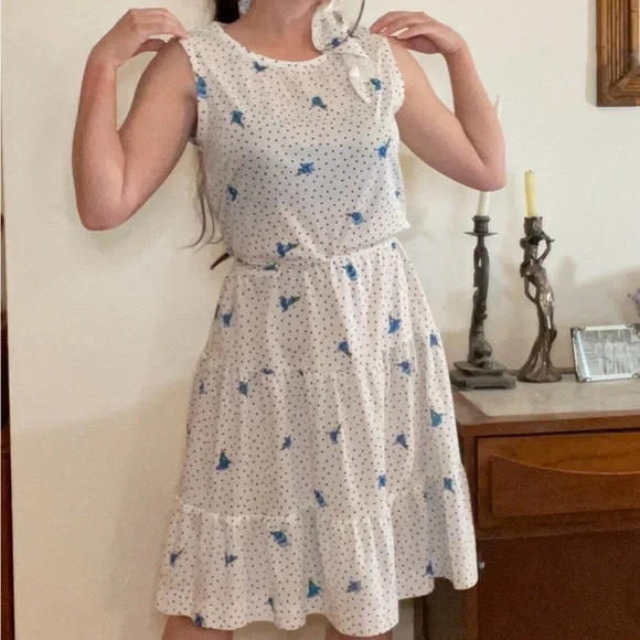 Vintage 70s 2 Piece set white Polka Dot Dress w/ Flowers matching shawl M Medium - Picture 5 of 6